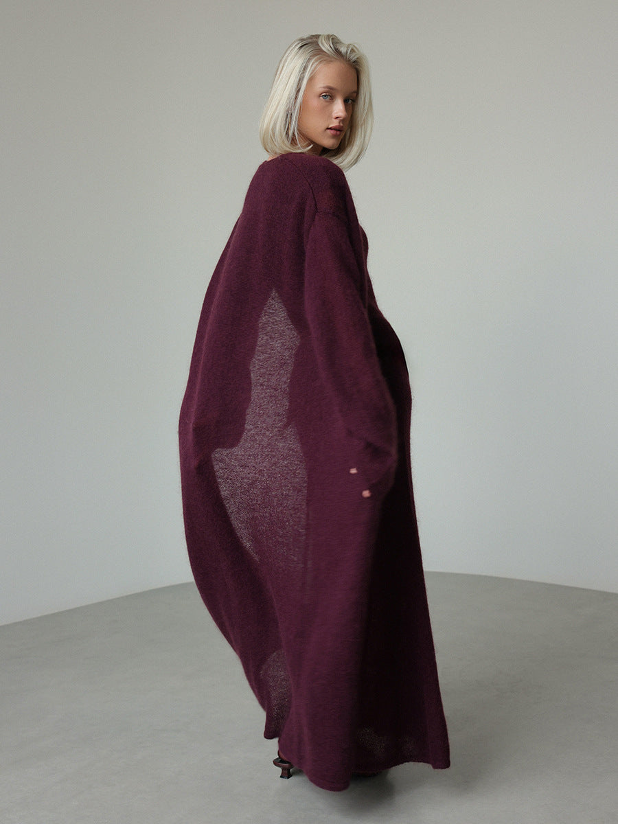Airy Knit Long Cardigan & Sleeveless Maxi Dress Set in Plum — back view on model