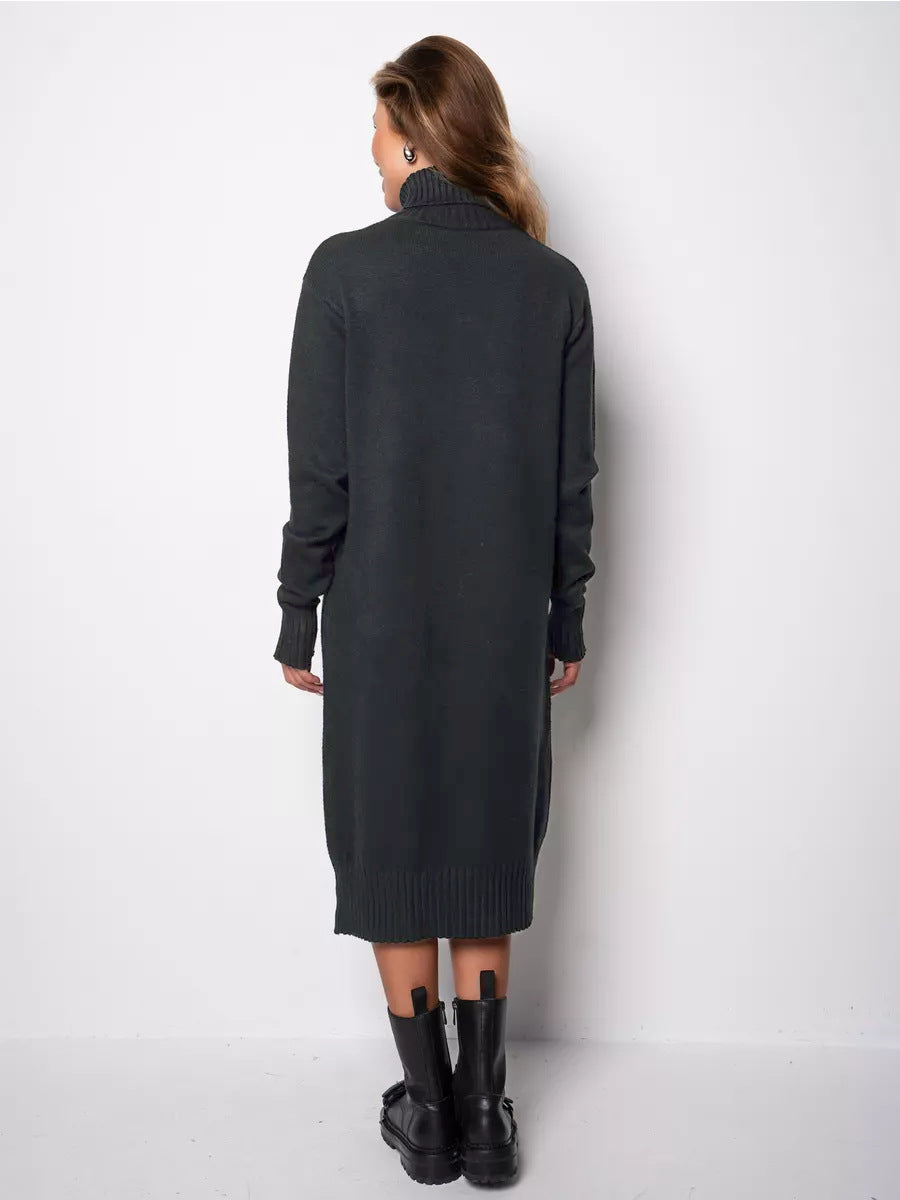 Relaxed Turtleneck Sweater Dress in Charcoal — back view
