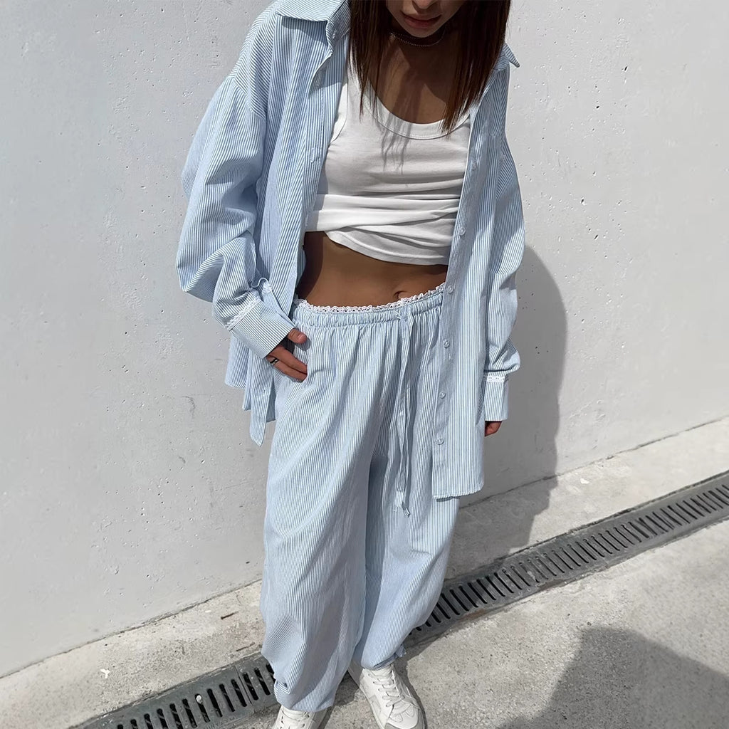 Pinstripe Cotton Shirt & Wide-Leg Pants Set in Light Blue — on model
