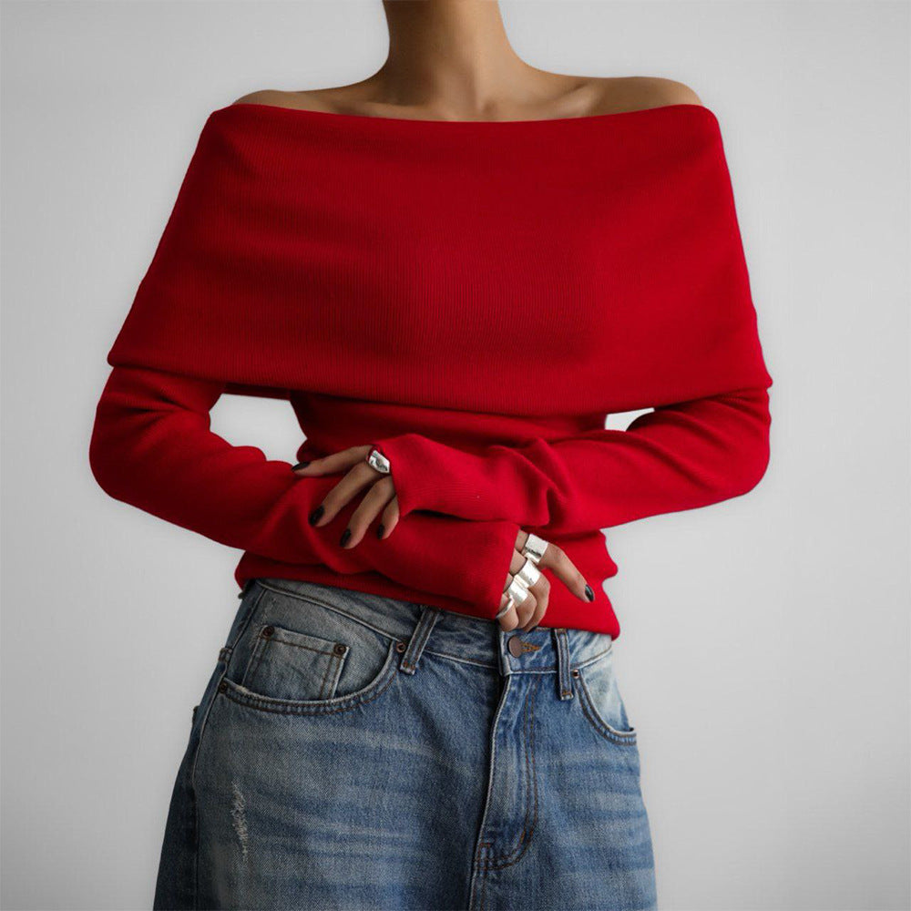 Off-Shoulder Fold-Over Knit Sweater in Red — front view