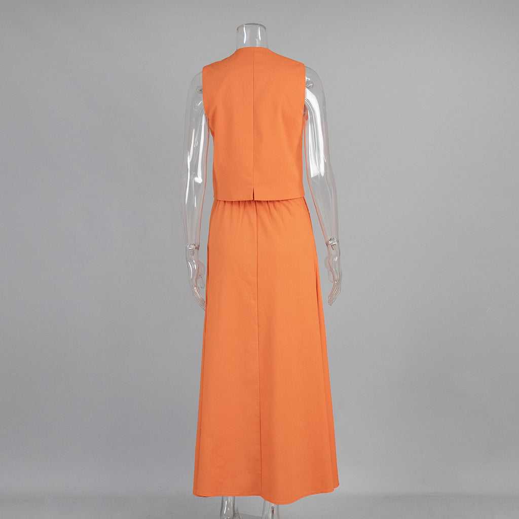 Linen Vest & Maxi Skirt Set in Orange — back view on mannequin
