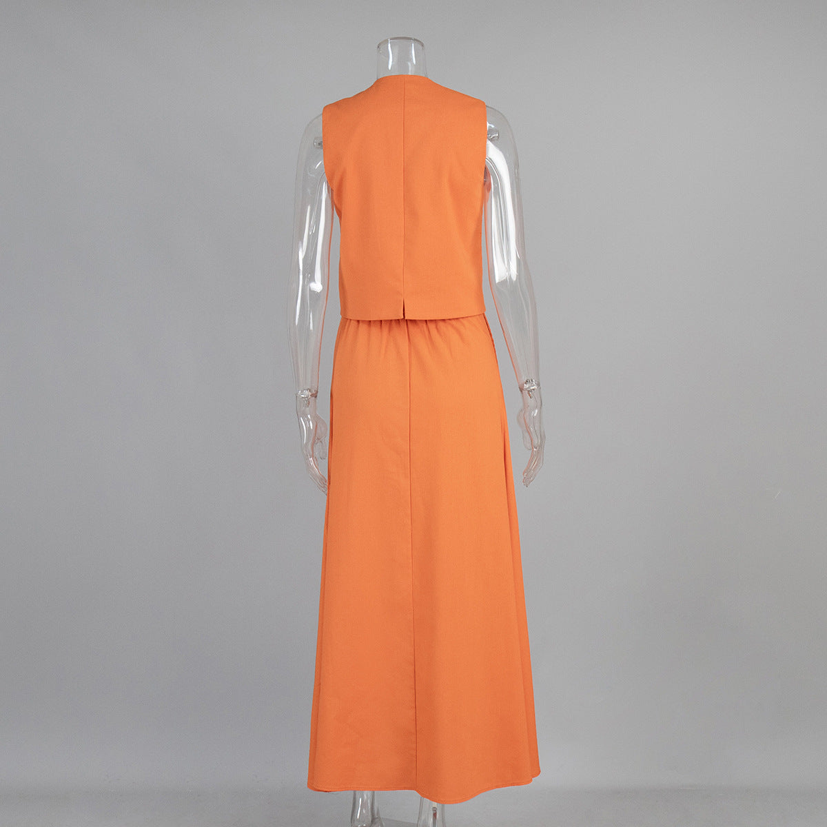 Linen Vest & Maxi Skirt Set in Orange — back view on mannequin