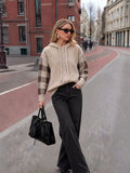 Plaid-Sleeve Cable Knit Hooded Sweater in Camel — front view on model