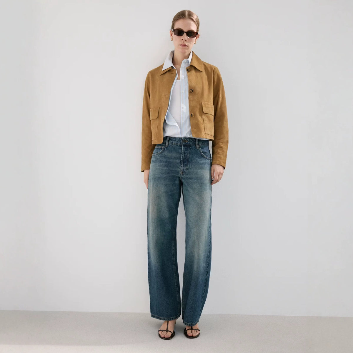 Cropped Faux Suede Jacket with Patch Pockets in Camel — full-length view on model with jeans