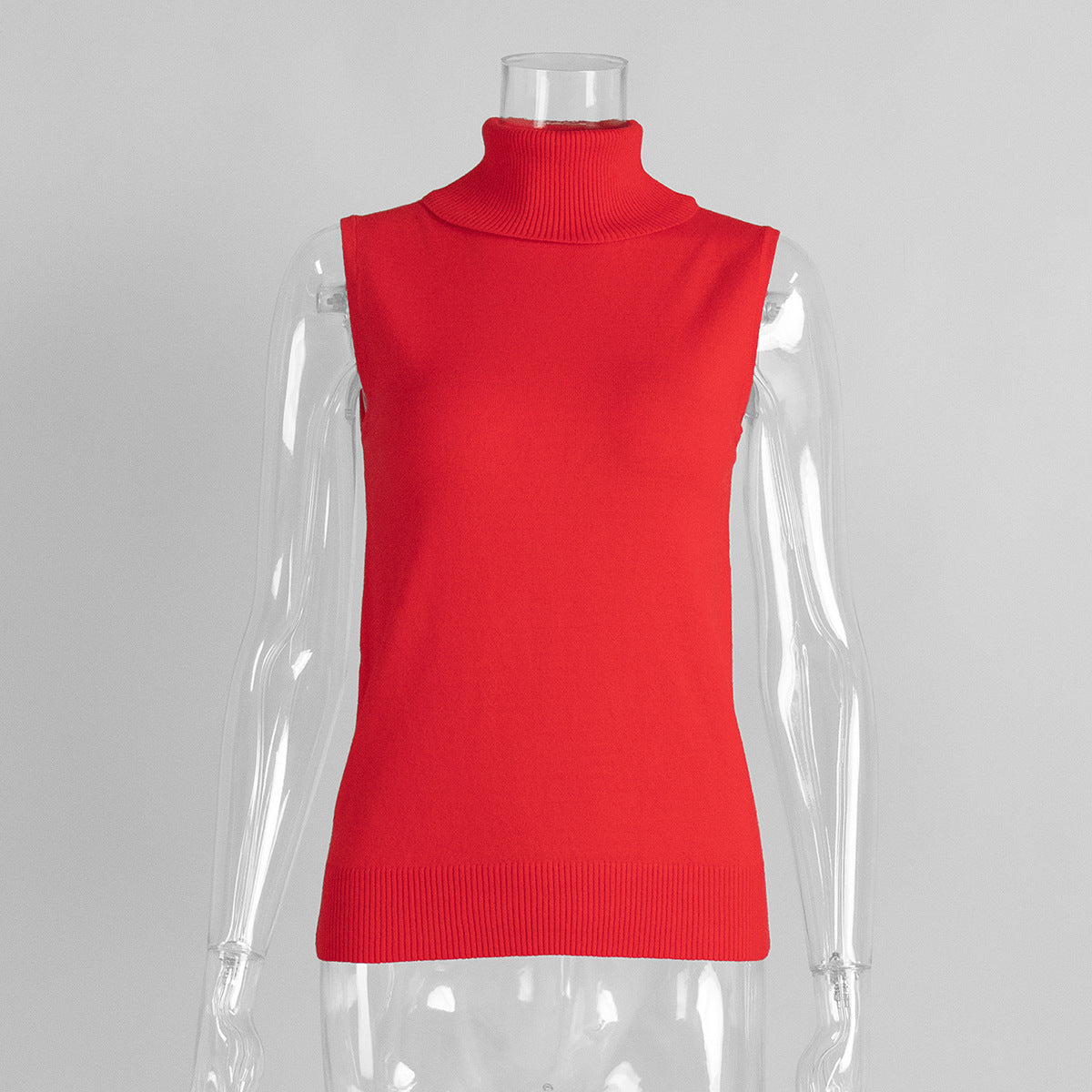 Sleeveless Turtleneck Knit Top & Cardigan Twin Set in Red (Top Only) — front view