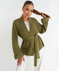 Belted Open-Front Ribbed Knit Cardigan in Olive — front view on model