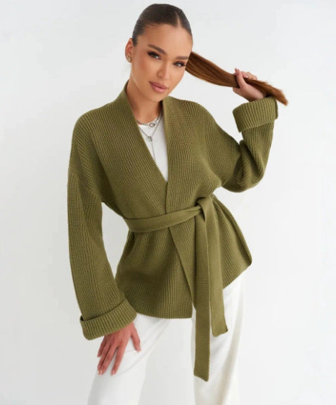 Belted Open-Front Ribbed Knit Cardigan in Olive — front view on model