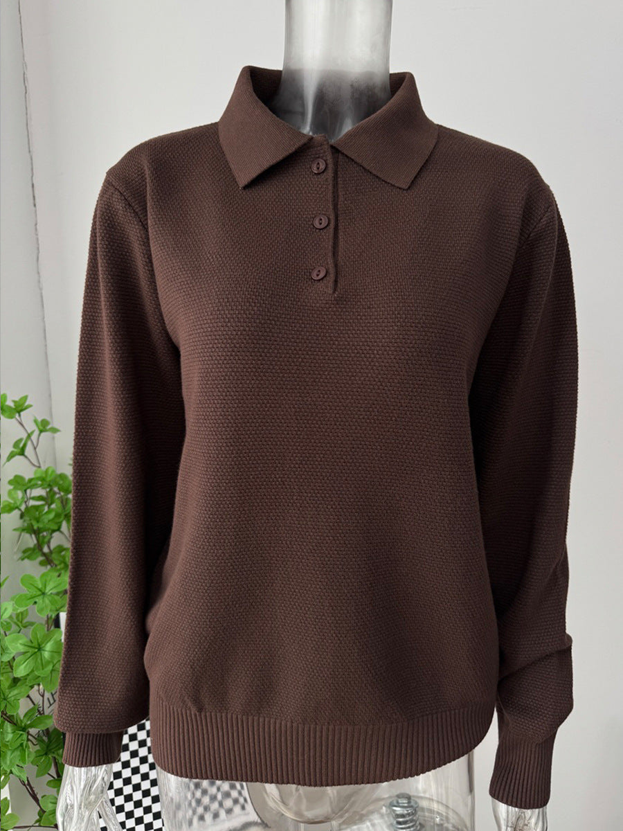 Relaxed Polo Collar Knit Sweater in Chocolate — sweater front view