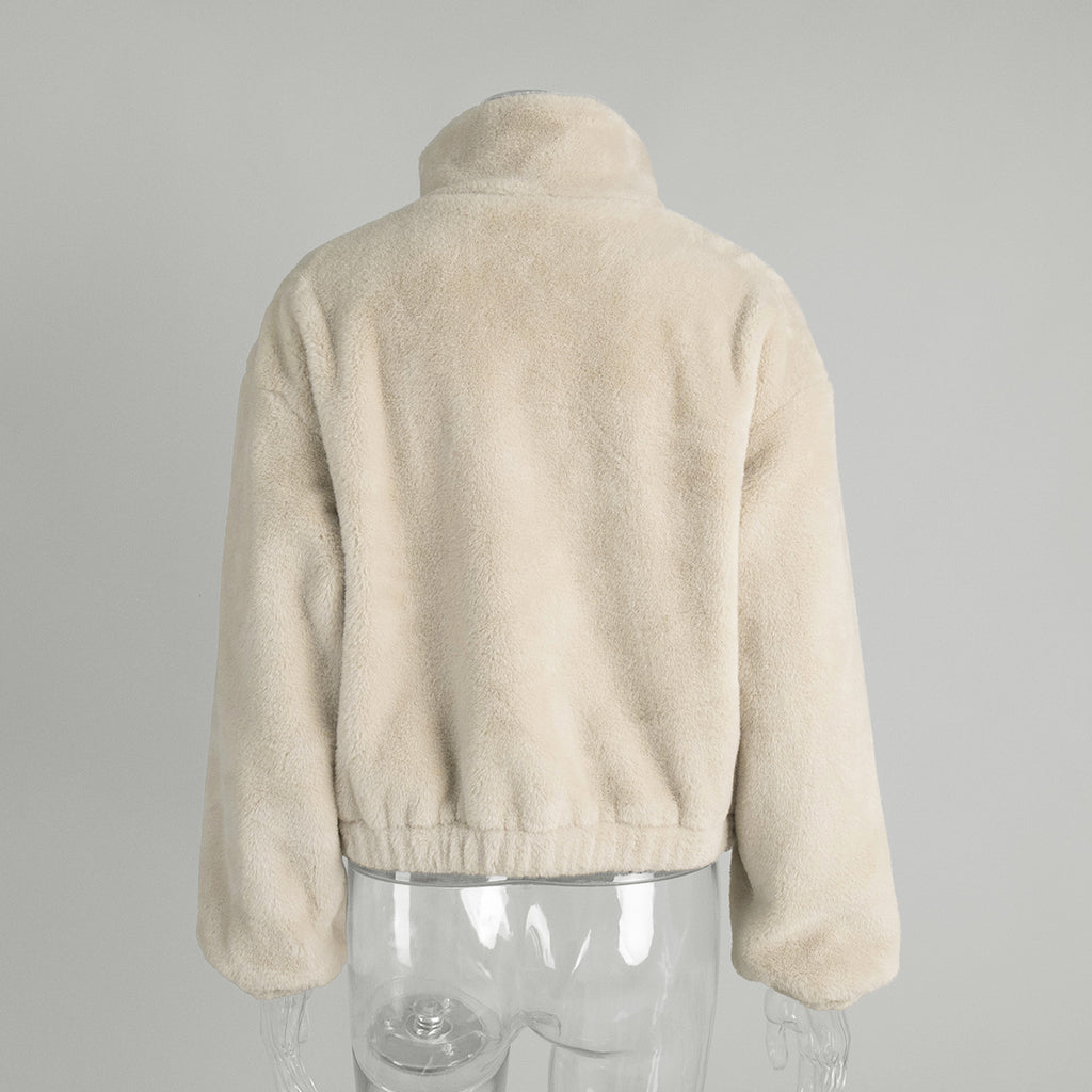 Plush Faux Fur Zip-Up Jacket with Stand Collar in Cream — back view