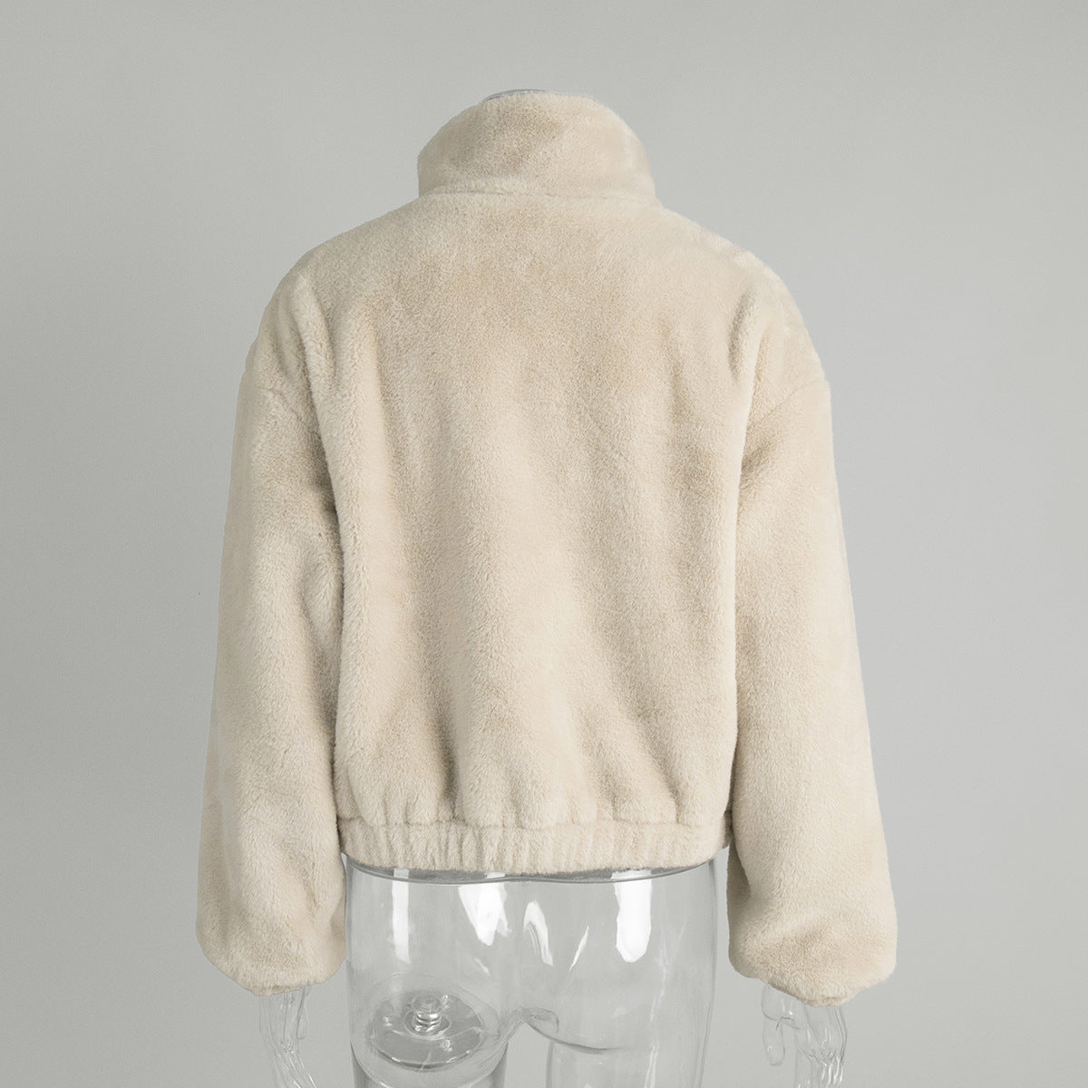 Plush Faux Fur Zip-Up Jacket with Stand Collar in Cream — back view