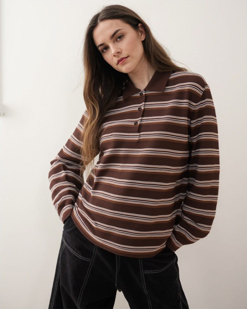 Relaxed Striped Long Sleeve Polo Shirt in Brown Stripe — front view on model