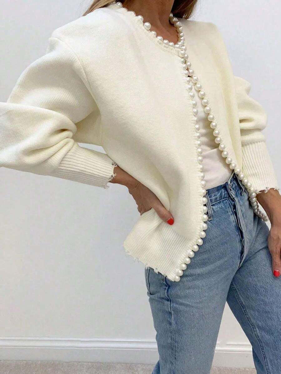 Pearl-Trim Frayed-Edge Knit Cardigan in Ivory — front view showing the bead trim