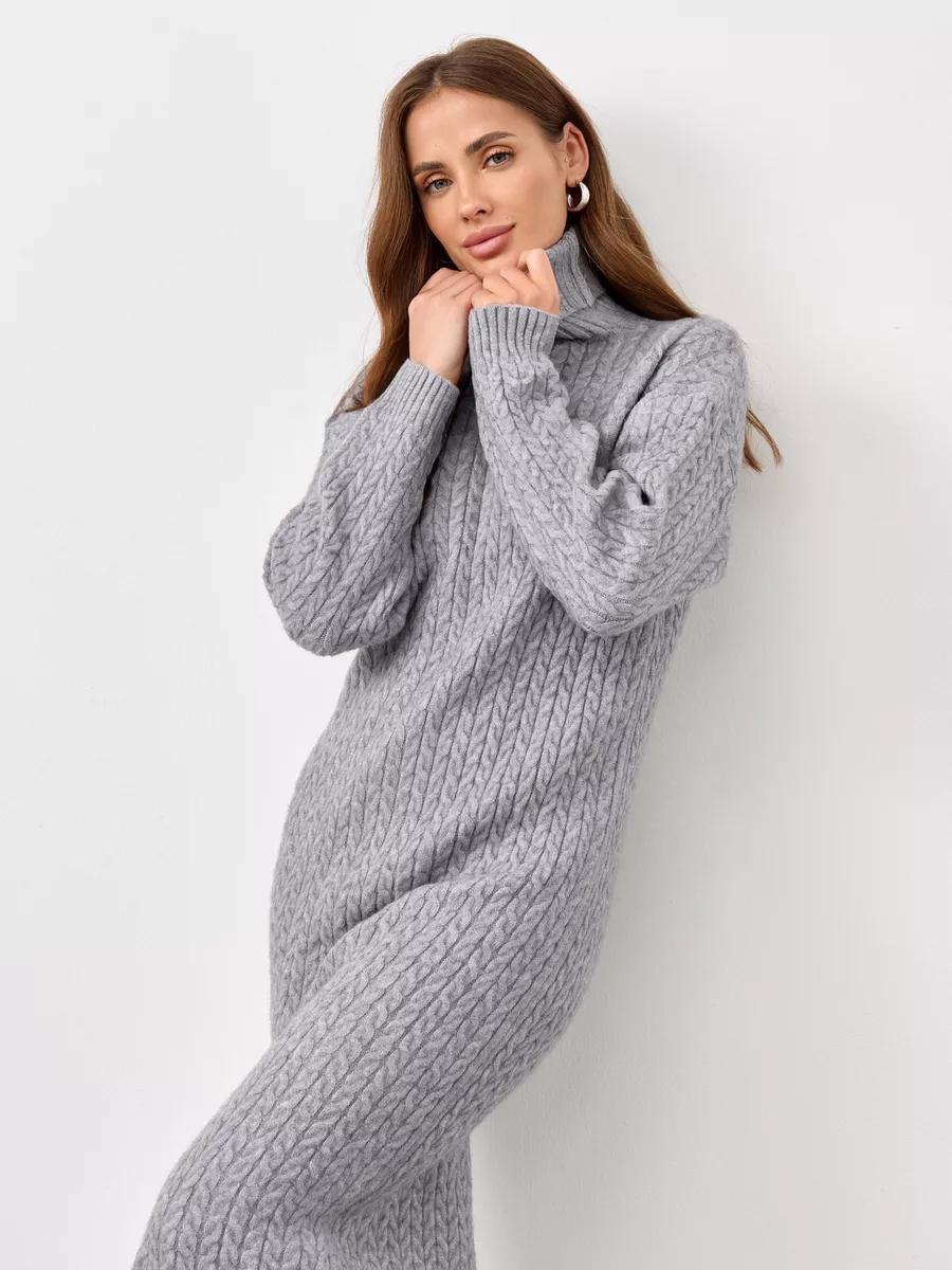 Turtleneck Cable-Knit Midi Sweater Dress in Heather Gray — front view on model