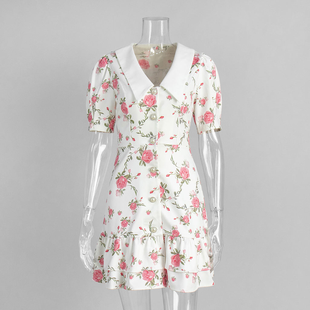 Floral Puff-Sleeve Mini Dress with Contrast Collar in Cream Floral — front view on mannequin