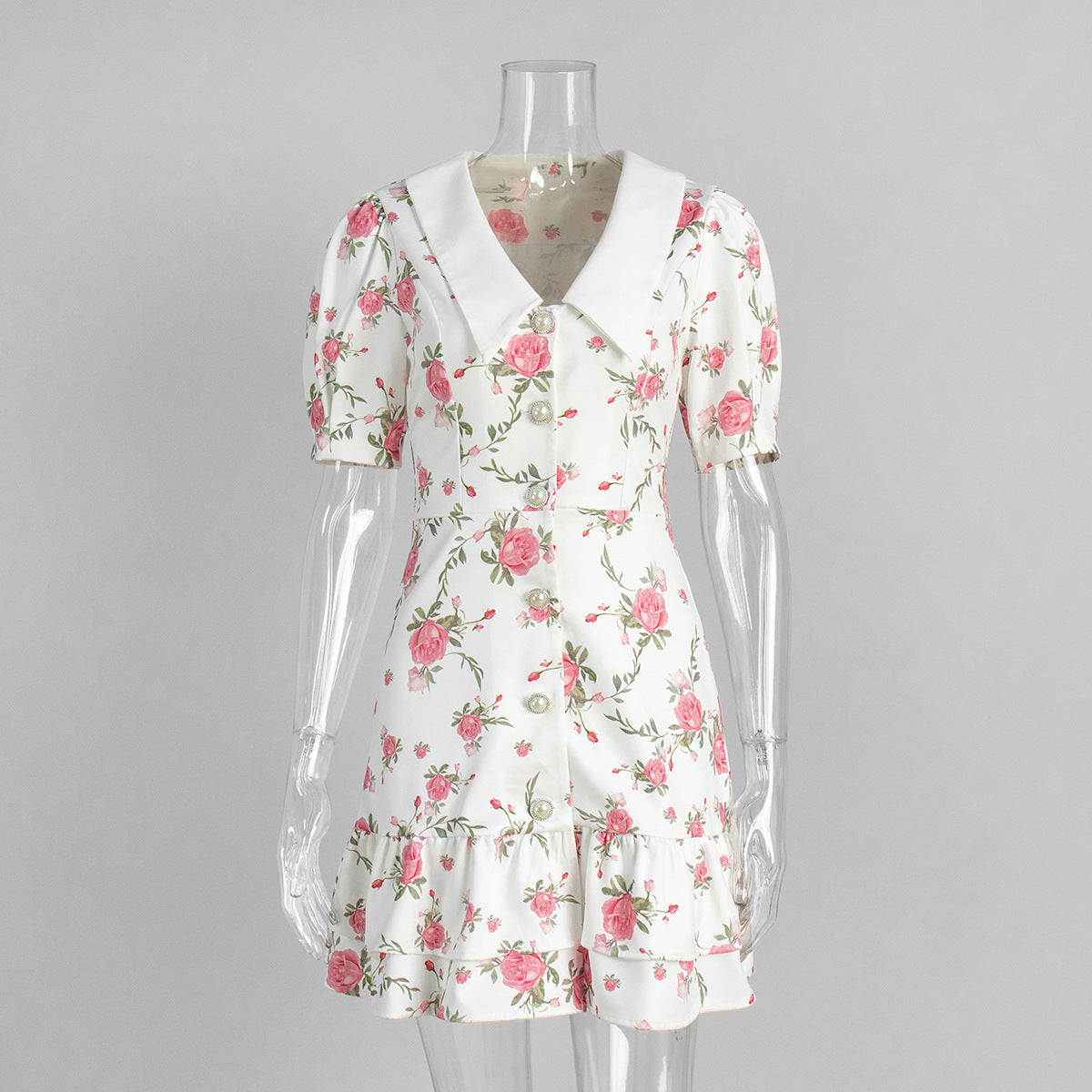 Floral Puff-Sleeve Mini Dress with Contrast Collar in Cream Floral — front view on mannequin