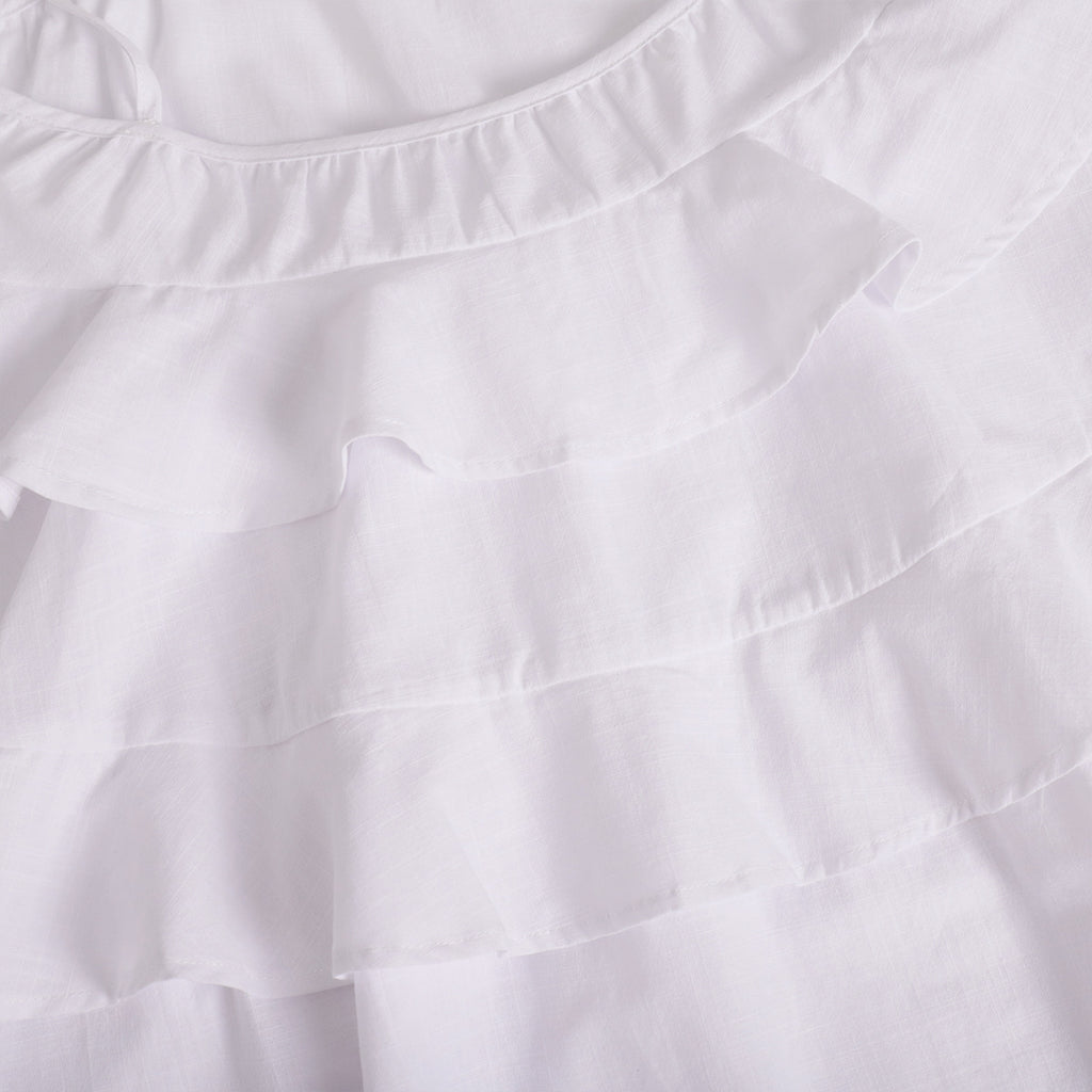 Tiered Ruffle Tie-Strap Mini Dress in White — close-up of the tiered ruffles