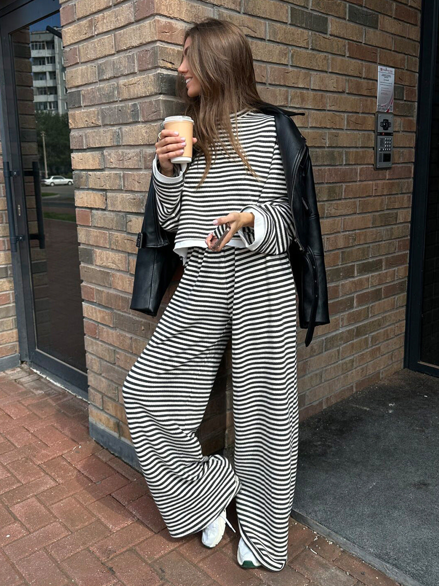 Striped Cropped Top & Wide-Leg Pants Lounge Set in Black & White Stripe — full-length view with a jacket over the shoulders