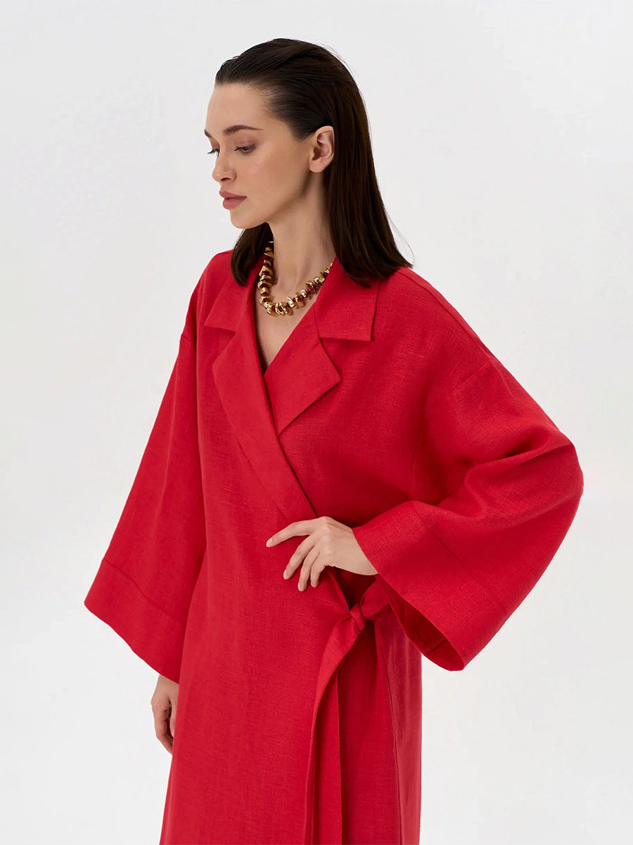 Linen-Blend Long Wrap Duster Dress in Cherry Red — on model, studio