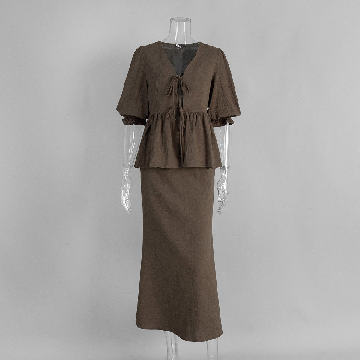 Tie-Front Puff-Sleeve Top & Maxi Skirt Set in Cocoa — front view on mannequin