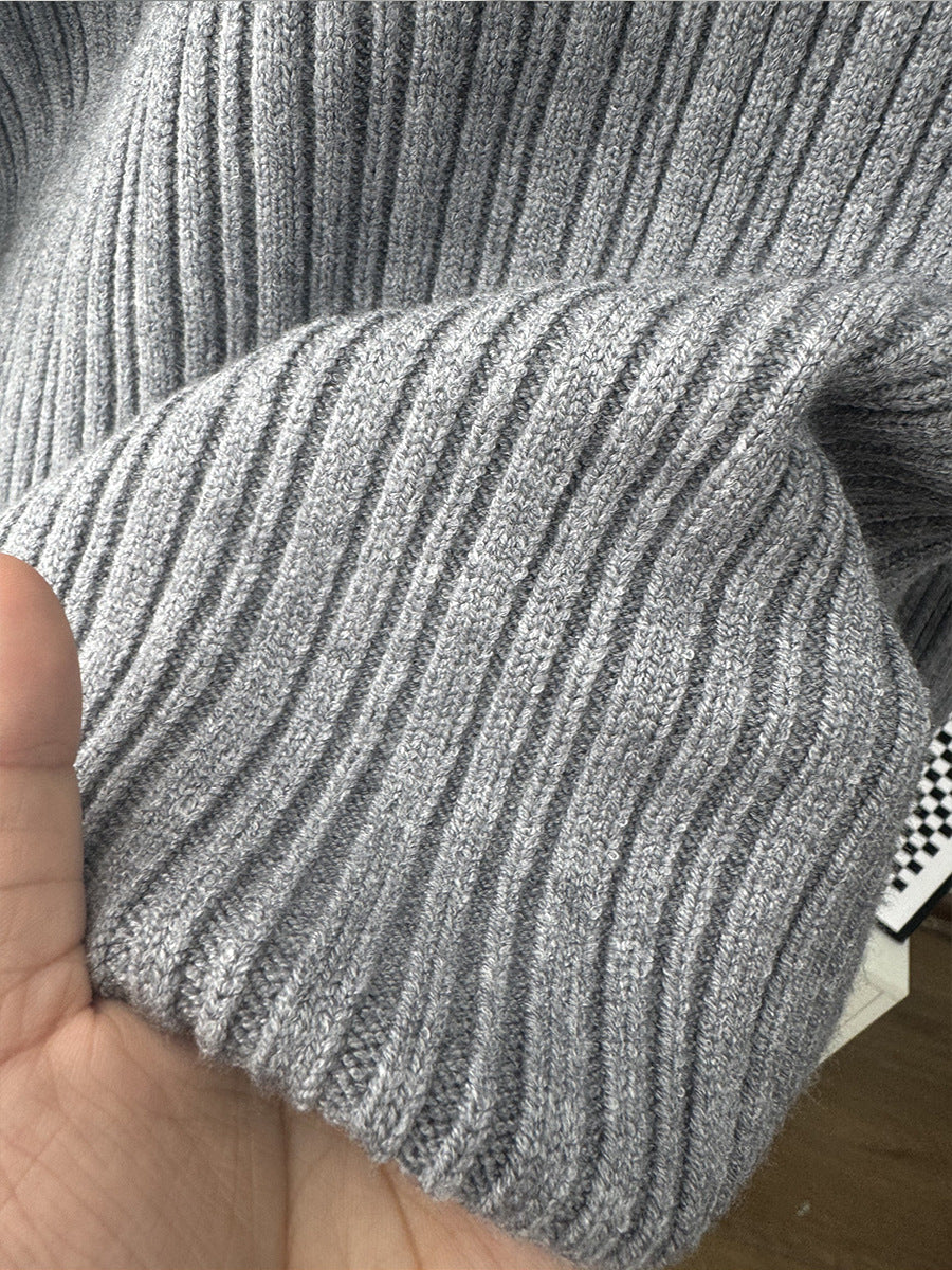 Three Piece Ribbed Sweater and Pants Set with Scarf in Heather Gray — close-up of the ribbed knit
