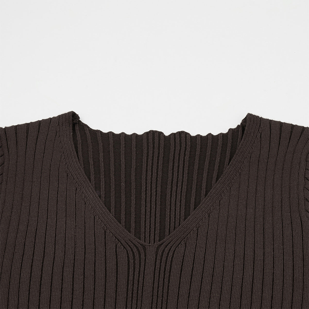 Ribbed V-Neck Knit Mini Dress with Skinny Scarf Tie in Chocolate — close-up of the V-neck
