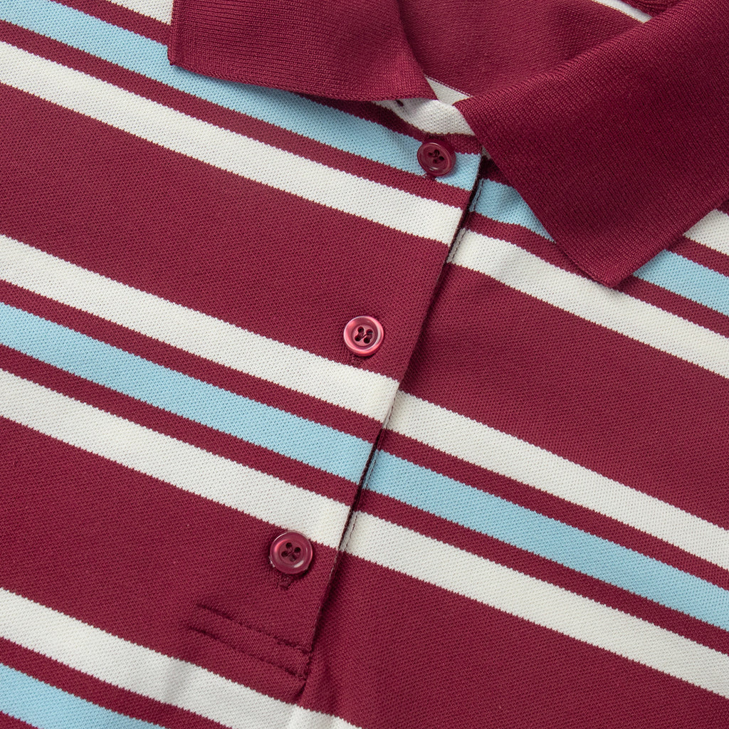 Relaxed Striped Long Sleeve Polo Shirt in Red Stripe — close-up of the collar and three-button placket
