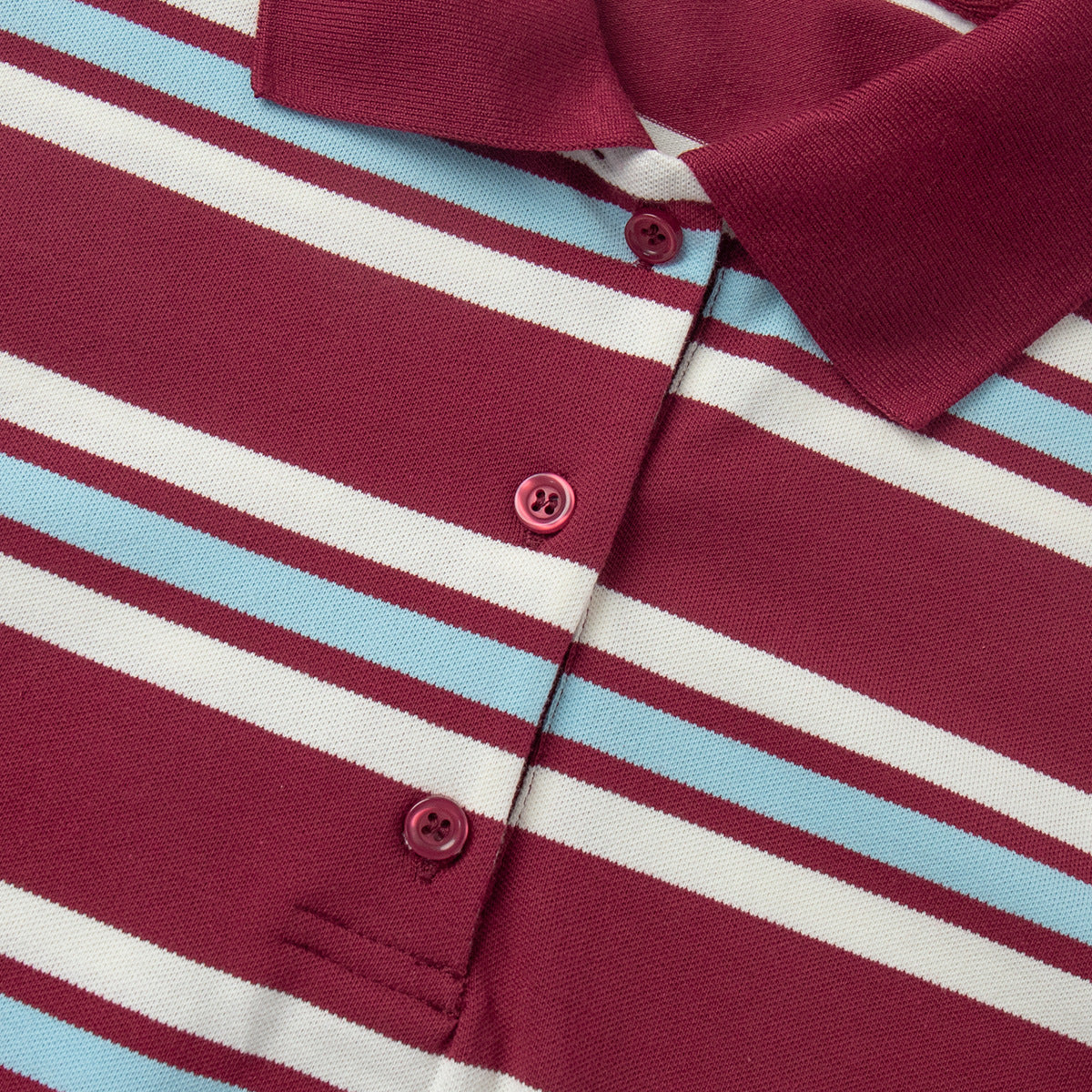 Relaxed Striped Long Sleeve Polo Shirt in Red Stripe — close-up of the collar and three-button placket