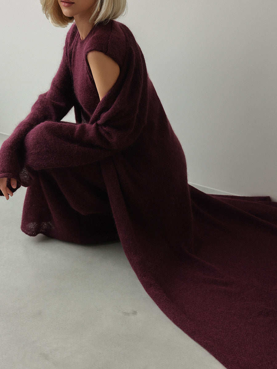 Airy Knit Long Cardigan & Sleeveless Maxi Dress Set in Plum — seated view on model