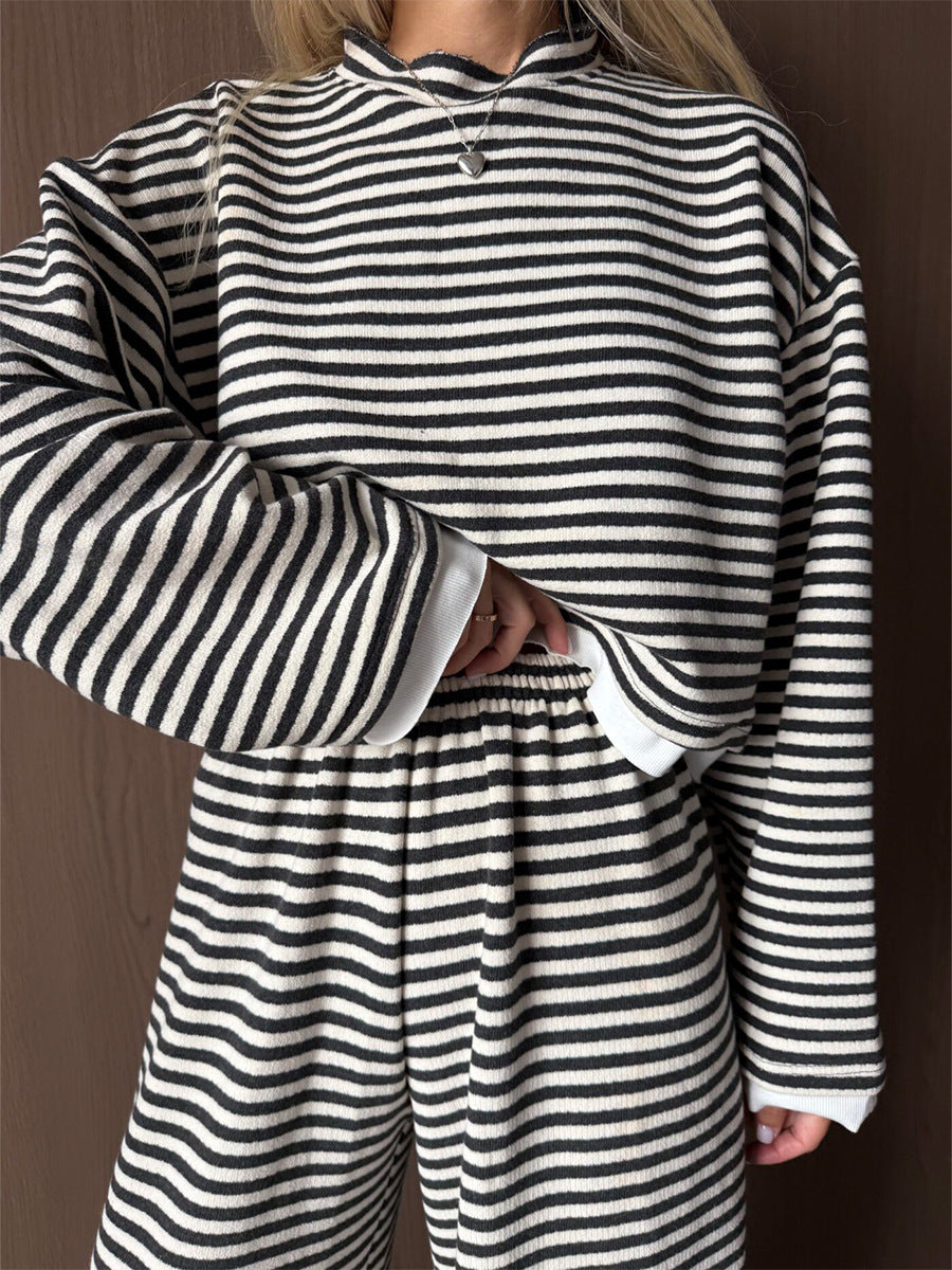 Striped Cropped Top & Wide-Leg Pants Lounge Set in Black & White Stripe — close view of the top on model