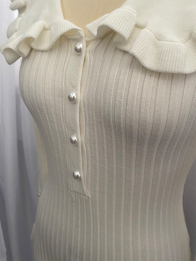 Ruffle Collar Ribbed Knit Midi Dress in Ivory — collar and ribbed knit close-up