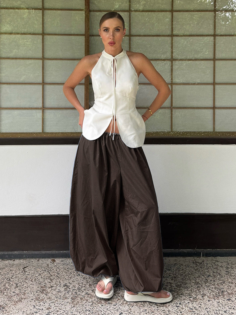 Cotton Balloon Lantern Pants in Brown — front view on model