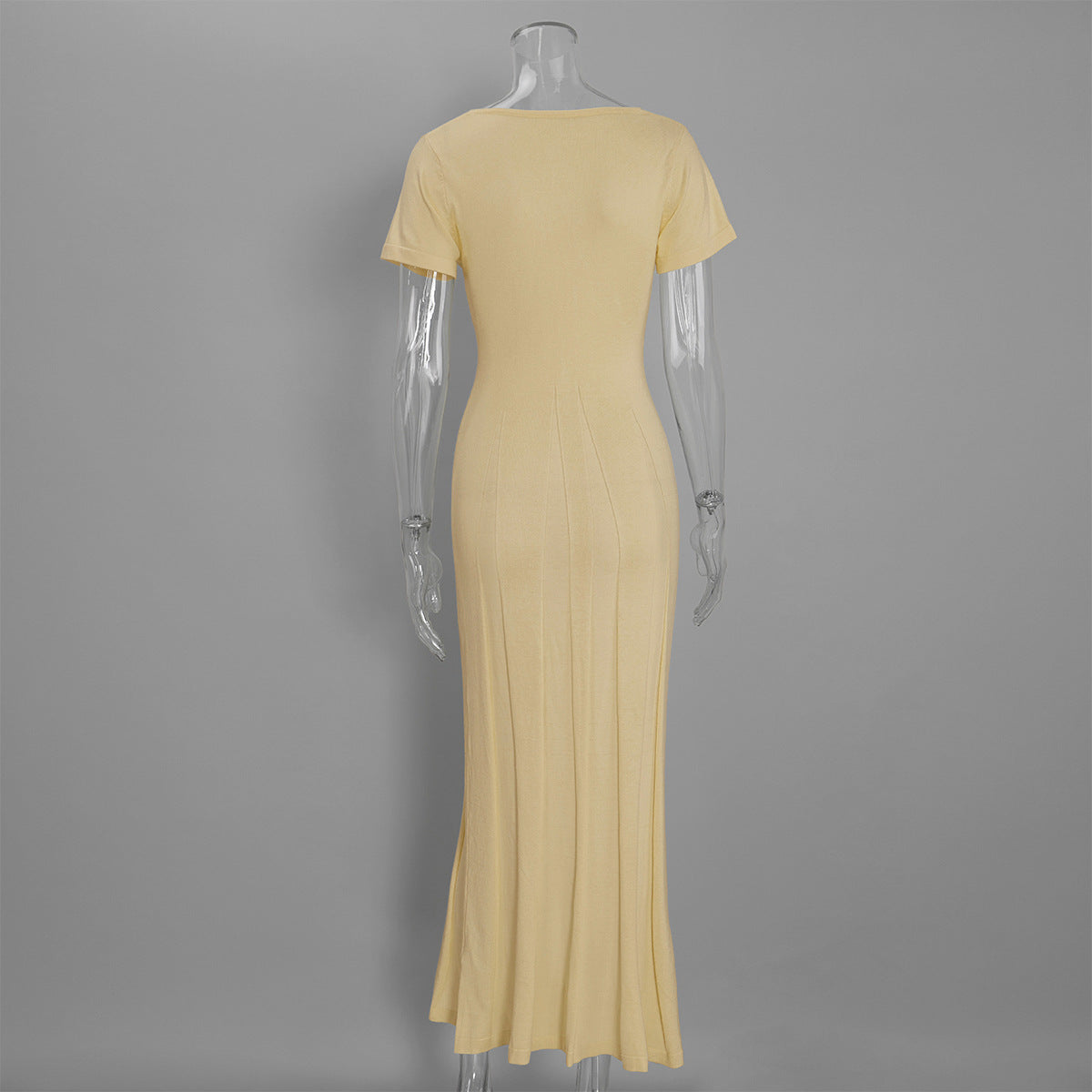 Rib-Knit V-Neck Maxi Dress with Side Slit in Butter Yellow — back view on mannequin