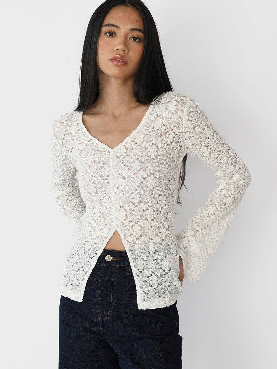 Floral Lace V-Neck Button-Front Top in Ivory — front view on model