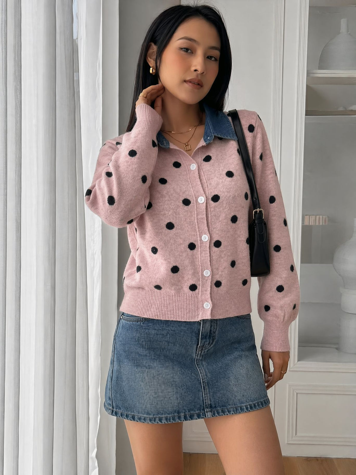 Polka-Dot Cardigan with Denim Collar in Pink — on model