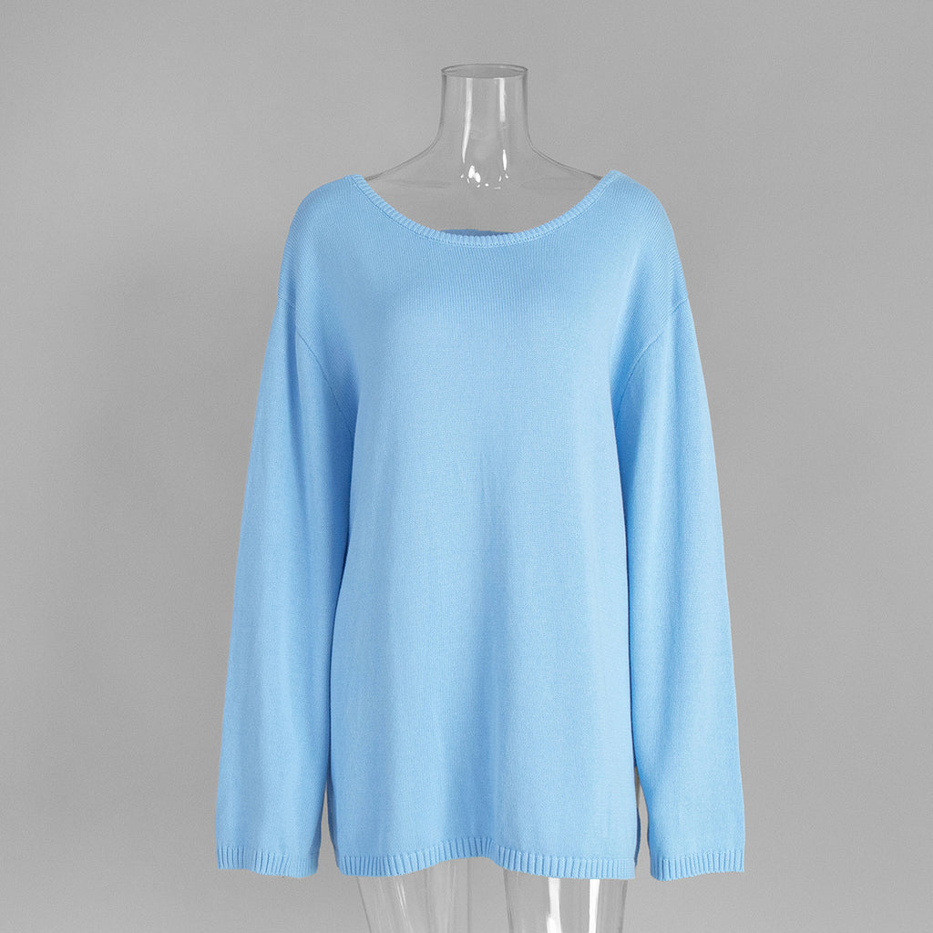 Oversized Open-Back Cotton Knit Sweater in Sky Blue — front view