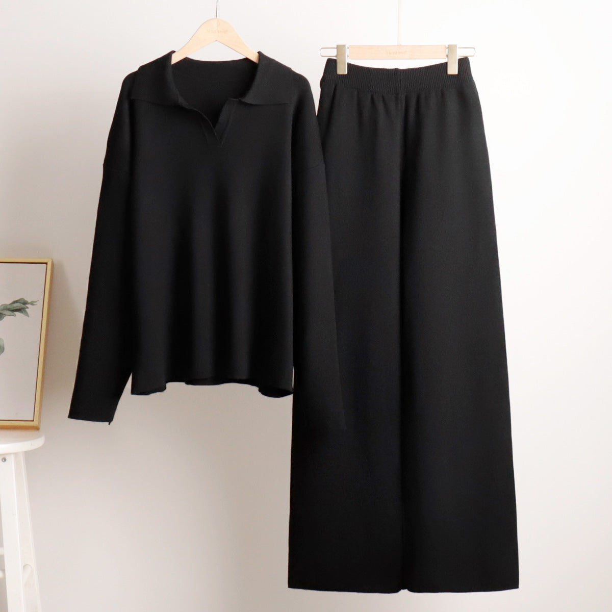 Polo Collar Knit Sweater & Wide-Leg Pants Set in Black — front view