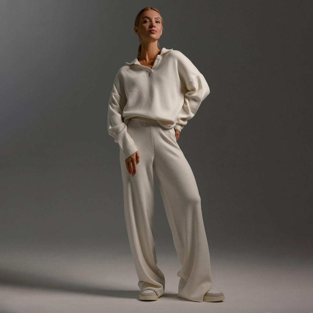 Polo Collar Knit Sweater & Wide-Leg Pants Set in Ivory — set worn on model, full length