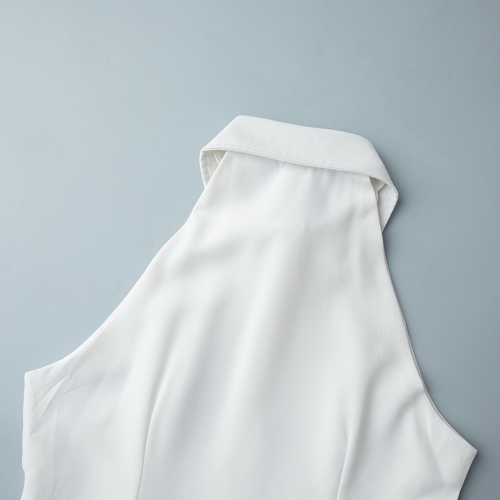 Sleeveless Button-Front Collared Maxi Dress in White — close-up of the armhole