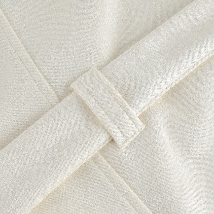 Belted Faux Suede Jacket with Shawl Collar in Ivory — close-up of the belt loop
