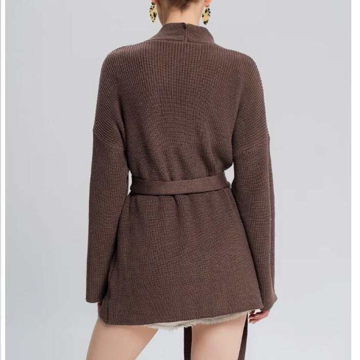 Belted Open-Front Ribbed Knit Cardigan in Coffee — back view on model