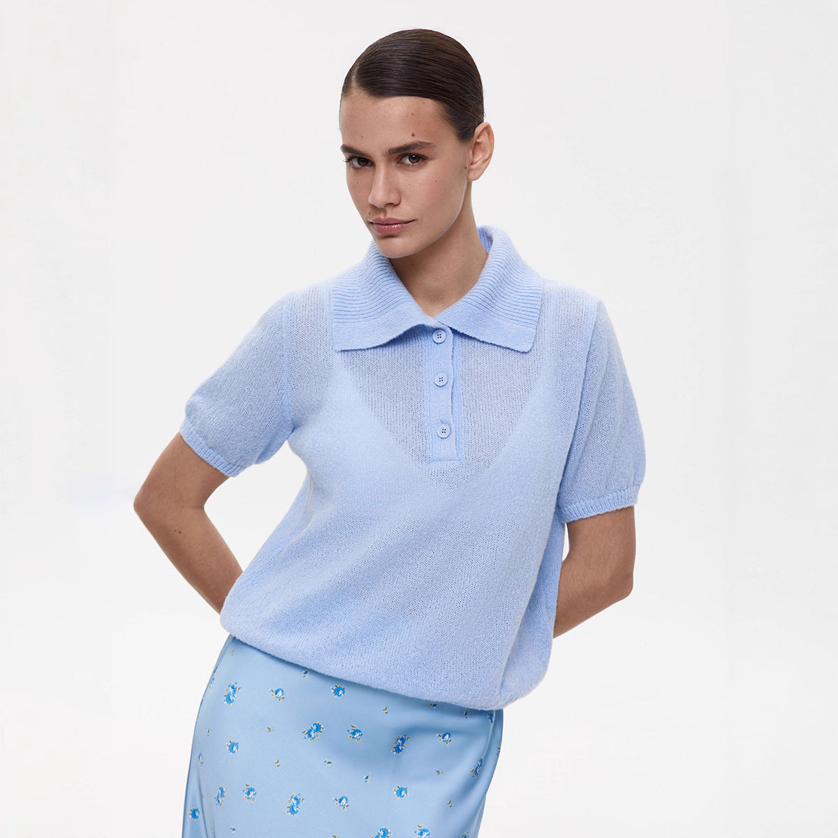Soft Knit Short Sleeve Polo Top in Light Blue — front view on model
