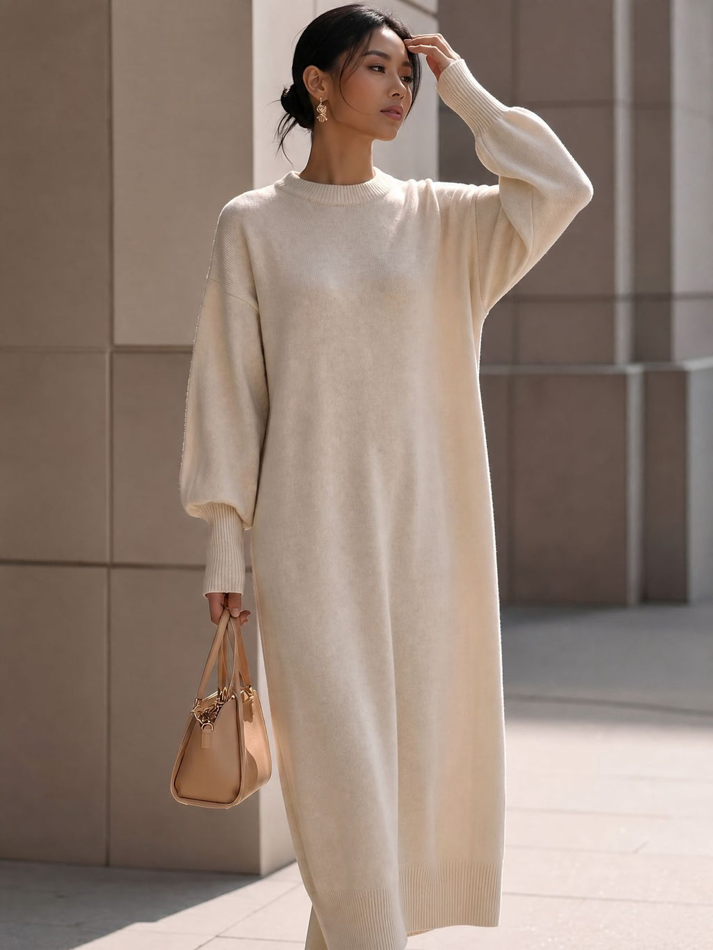 Balloon-Sleeve Knit Maxi Sweater Dress in Ivory — on model