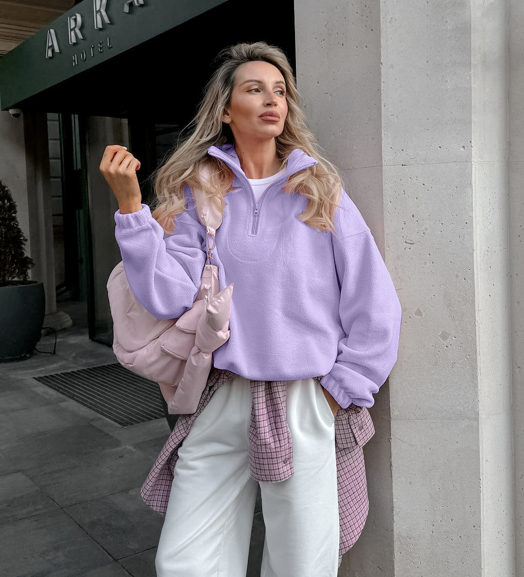 Relaxed Half-Zip Fleece Pullover with Elastic Hem in Lilac — full-length view on model