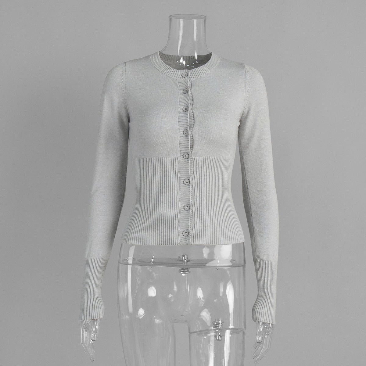 Fitted Cropped Ribbed Knit Cardigan in Light Gray — front view