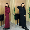 Textured knit sweater and maxi skirt set — Burgundy on the left; Black on the right; original two-model photo.