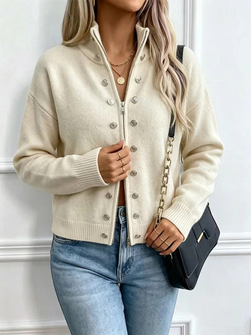 Studded Zip-Up Knit Cardigan in Ivory — front view on model
