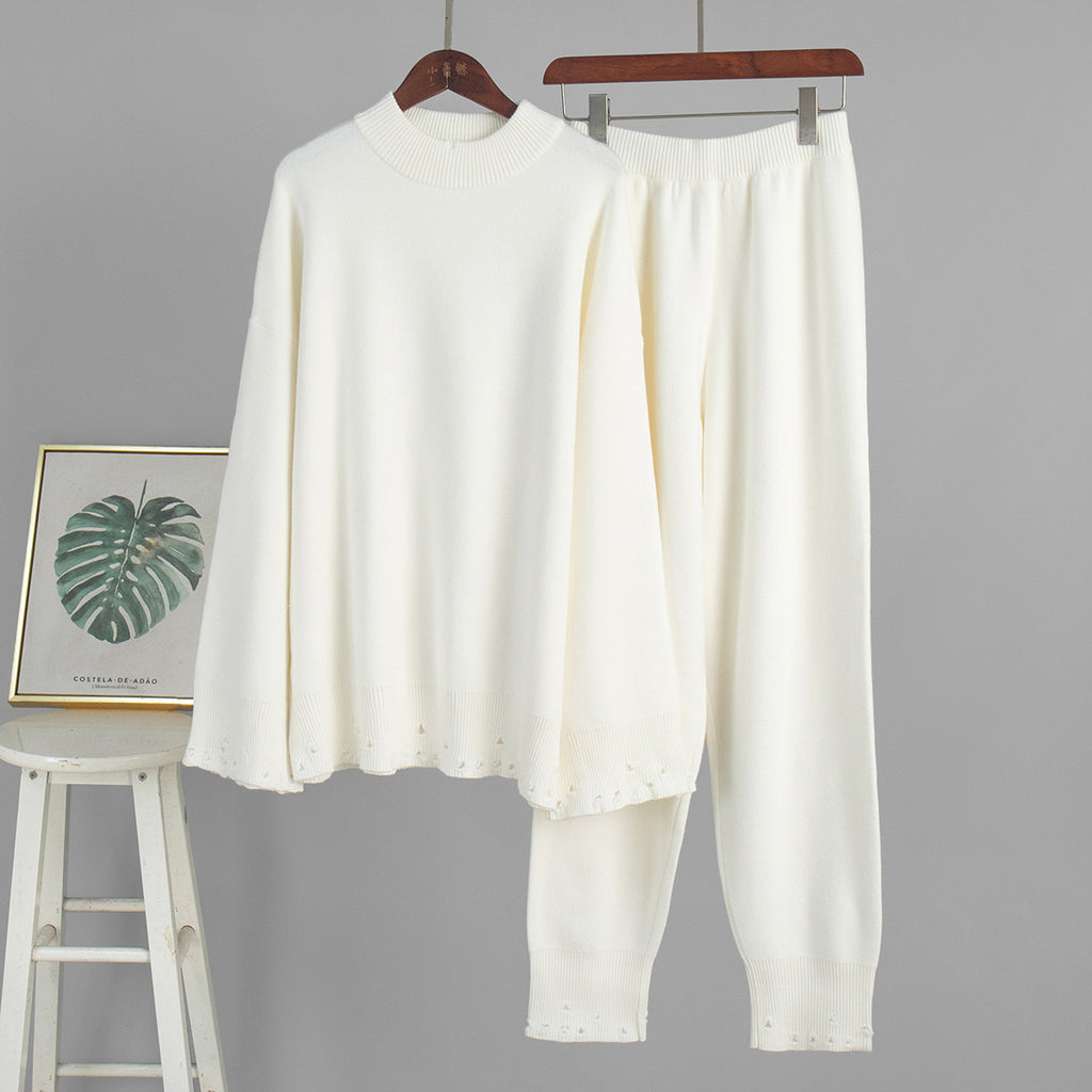 Distressed-Hem Oversized Knit Sweater & Jogger Set in Cream — set front view