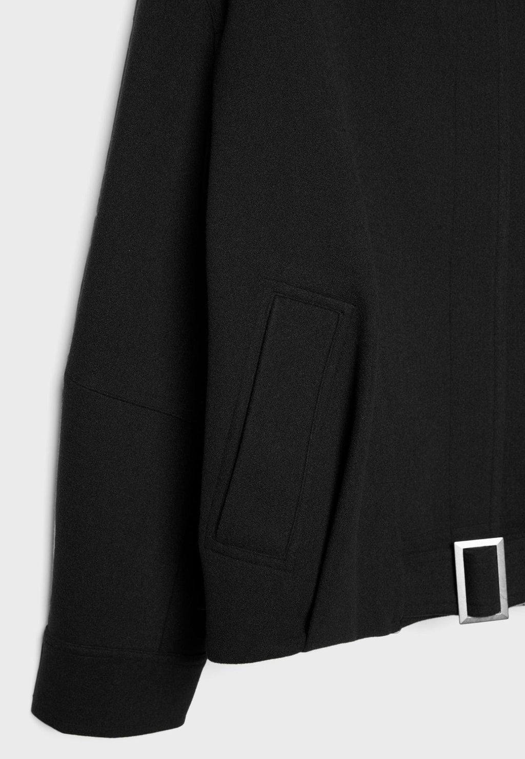 Funnel Neck Wool-Look Jacket with Buckle Hem Strap in Black — close-up of the side pocket and buckle