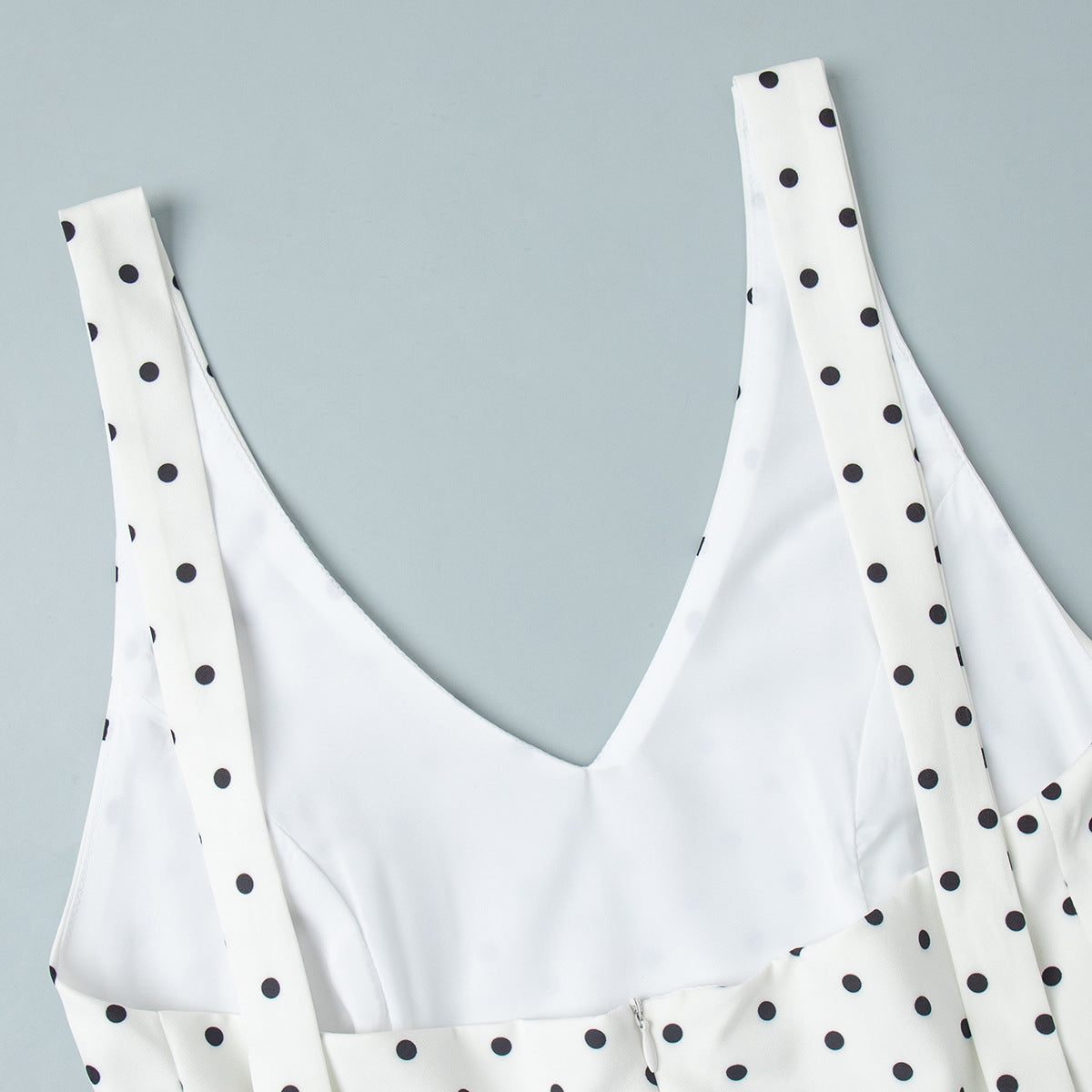 Polka Dot Halter Peplum & Wide-Leg Set in White Dot — close-up of the neckline