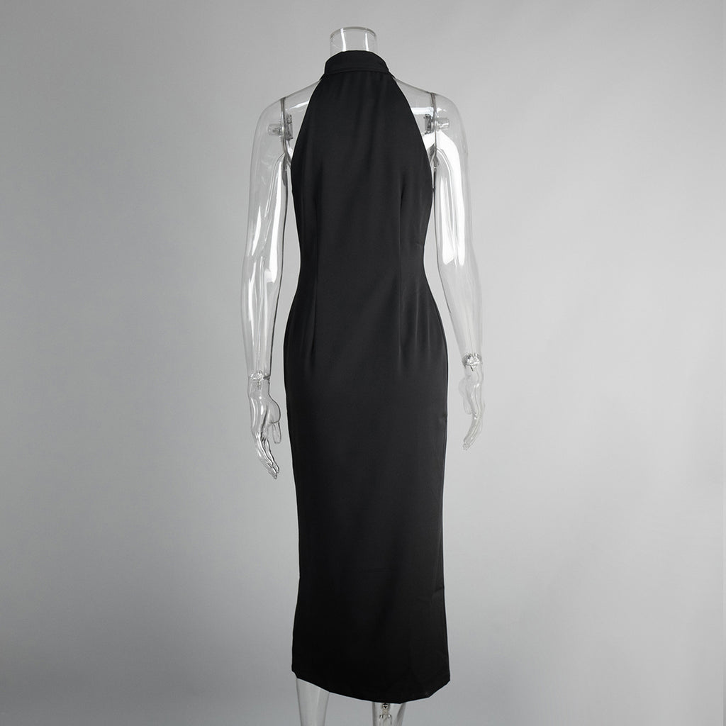 Sleeveless Button-Front Collared Maxi Dress in Black — back view on mannequin